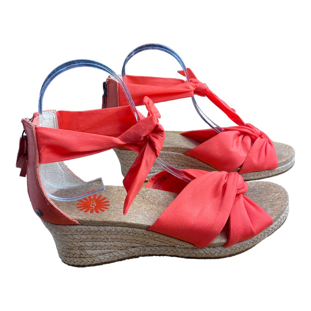 UGG Coral Red Espadrille Wedge Sandals with Ankle Tie